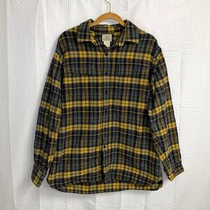 L.L.Bean Men's L Traditional Fit Flannel Shirt Yellow Navy Plaid 100% Cotton